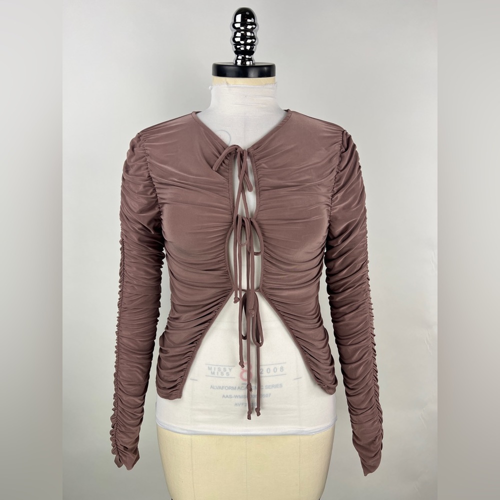 435B-BROWN. Tie Front Ruched Long Sleeve Top